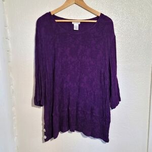 90s CJ Elliot Jacquard Floral Textured MOP Button Tunic sz 24WP Eggplant Purple